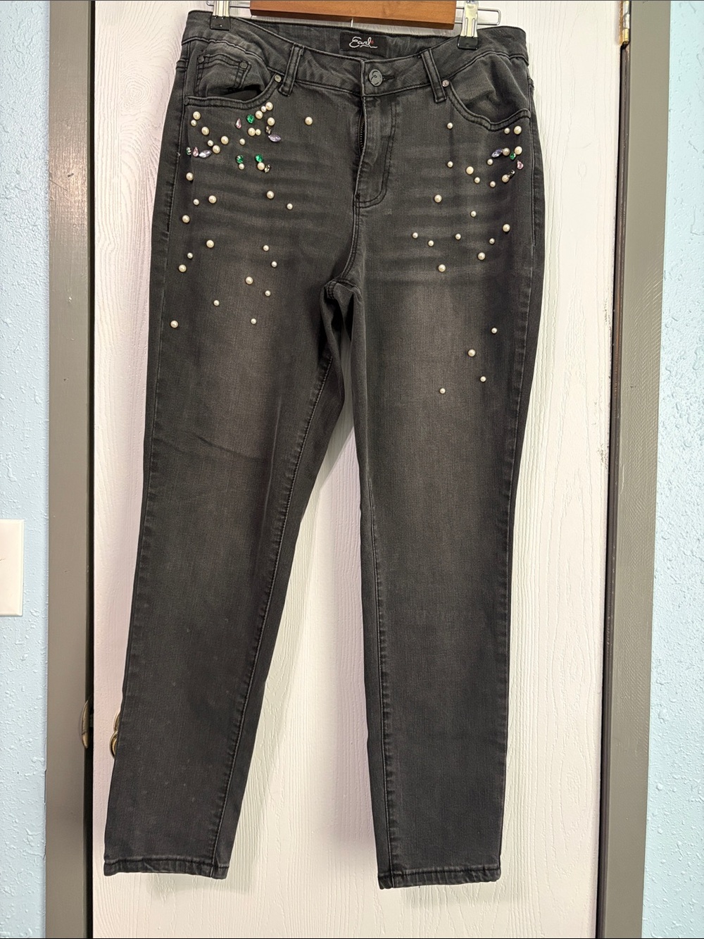 Earl Jeans Black Skinny Jeans with Pearl & Colored Bead Accents